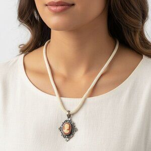 Vintage Cameo Pendant Necklace Fabric Rope Victorian Style Ornate Metal Frame